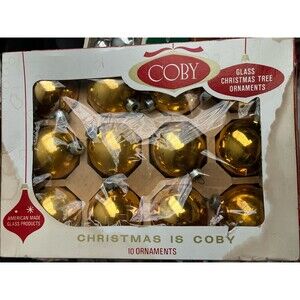 "COBY" Gold Glass Christmas Tree Ball Ornaments USA VNTG 12 Pack  In 10 Pack Box